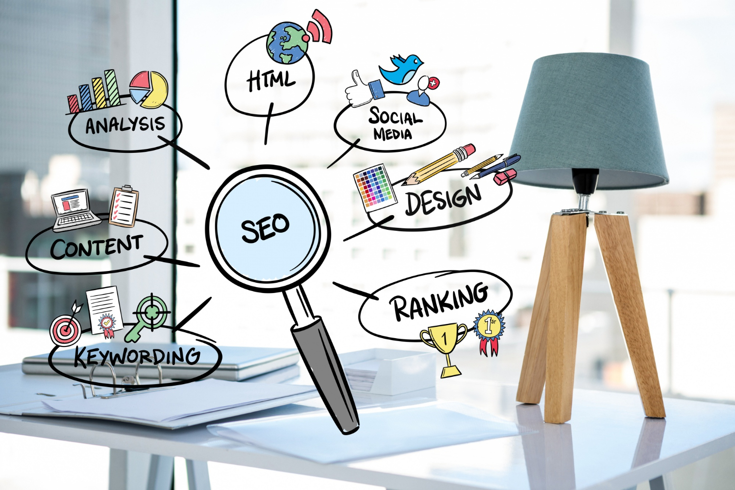 animated magnifying glass with seo concepts